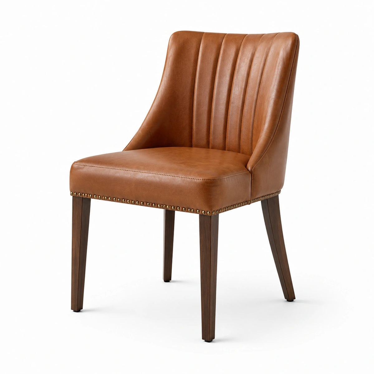 Chaise rembourrée aspect cuir camel, bois brun foncé et détails en laiton, 56 x 61 x 86 cm