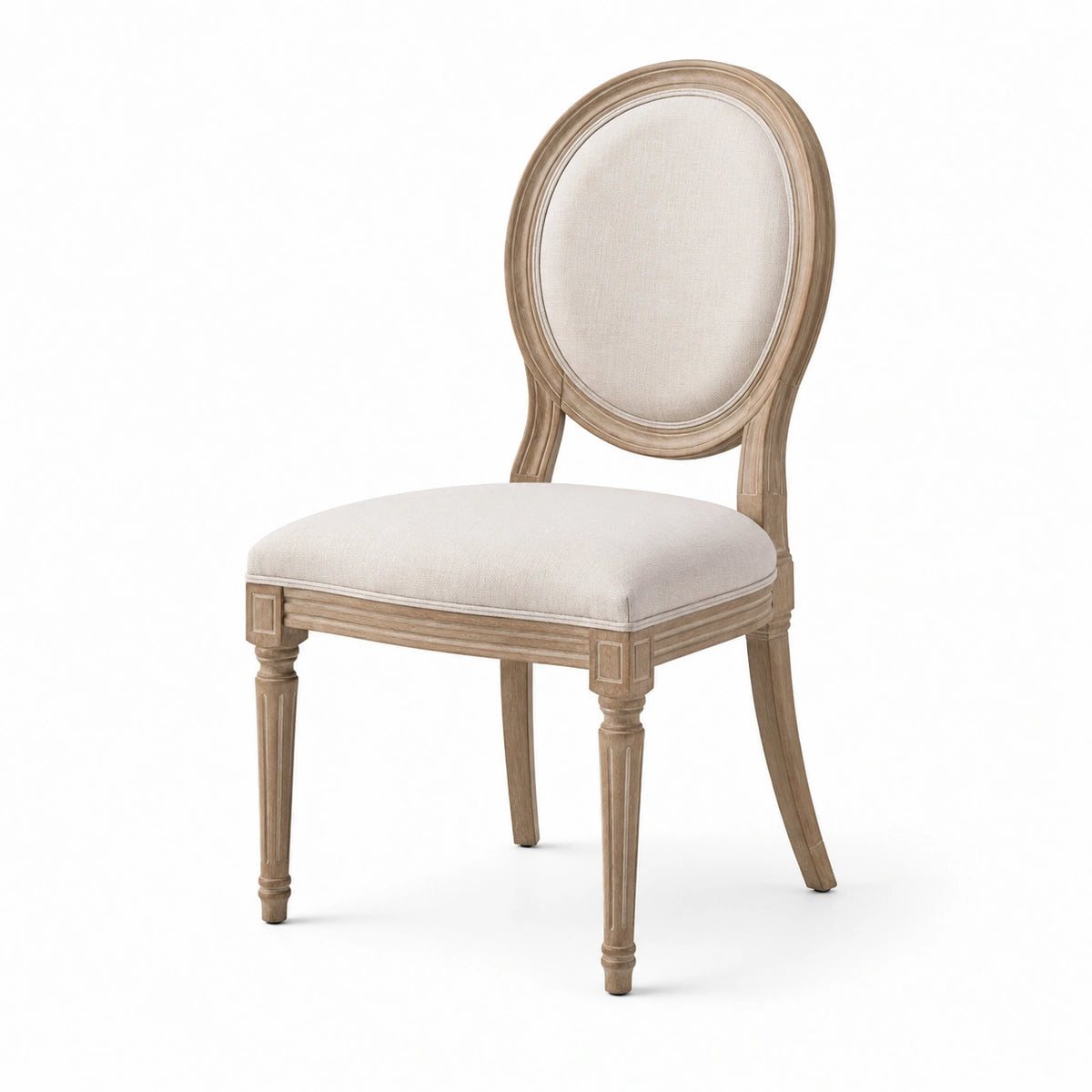 Chaise rembourrée en bois beige et tissu écru, dossier médaillon, 52 x 58 x 96 cm