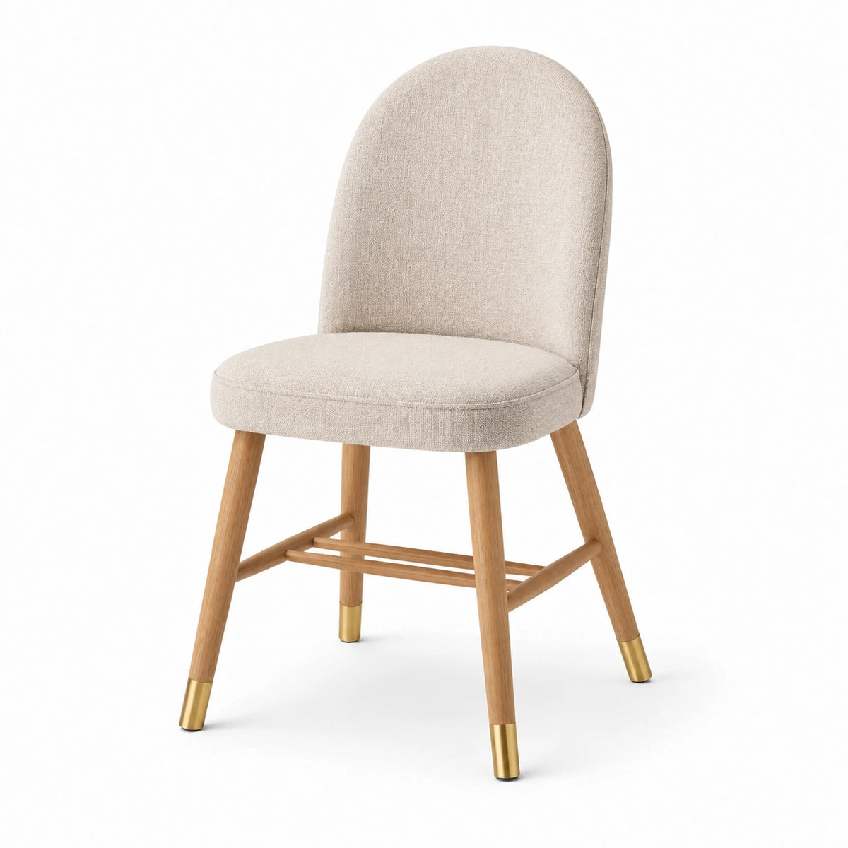 Chaise rembourrée contemporaine en tissu beige avec pieds en bois naturel et finitions dorées, 55 x 60 x 82 cm