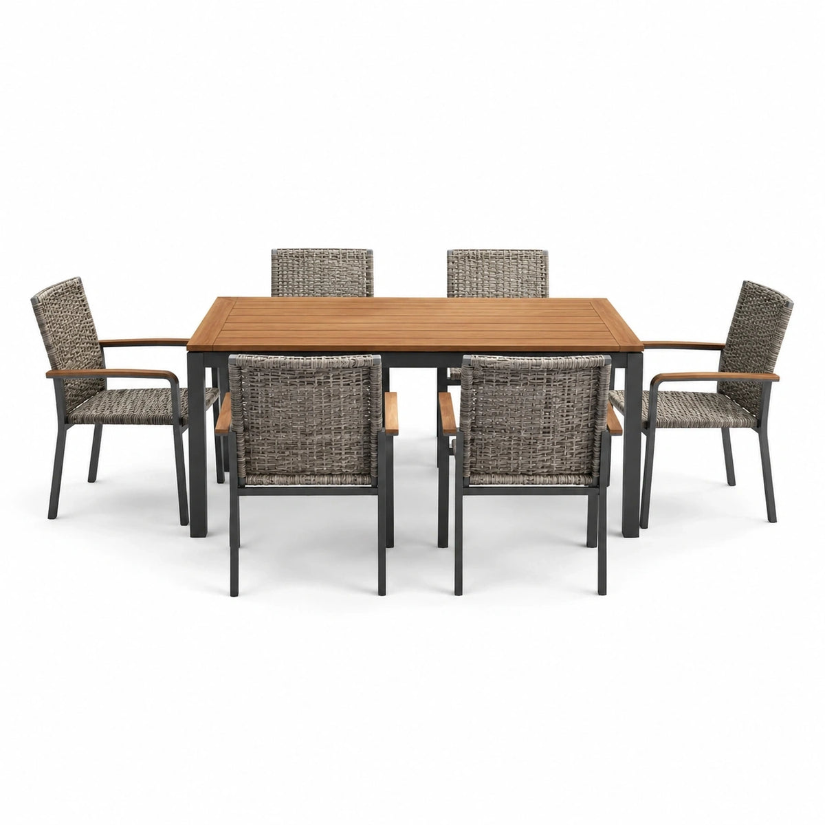 Ensemble de jardin 7 pièces avec table de 160 x 90 x 75 cm et 6 fauteuils, marron, gris et noir