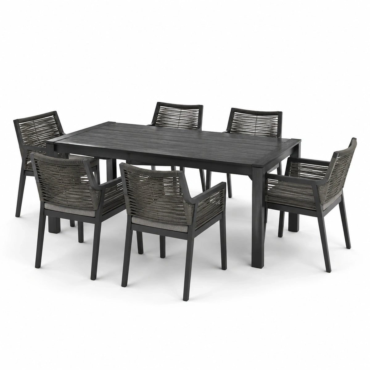 Ensemble de jardin 7 pièces noir et gris anthracite avec table 180 x 90 x 75 cm et 6 fauteuils