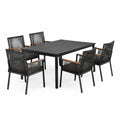 Ensemble repas de jardin 7 pièces noir et marron avec table 160 x 90 x 75 cm et 6 fauteuils 58 x 60 x 88 cm
