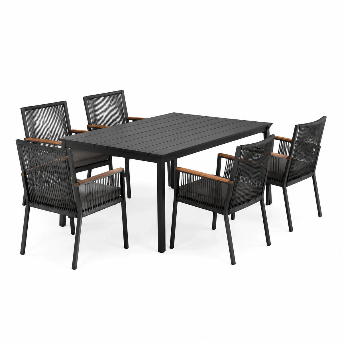 Ensemble repas de jardin 7 pièces noir et marron avec table 160 x 90 x 75 cm et 6 fauteuils 58 x 60 x 88 cm