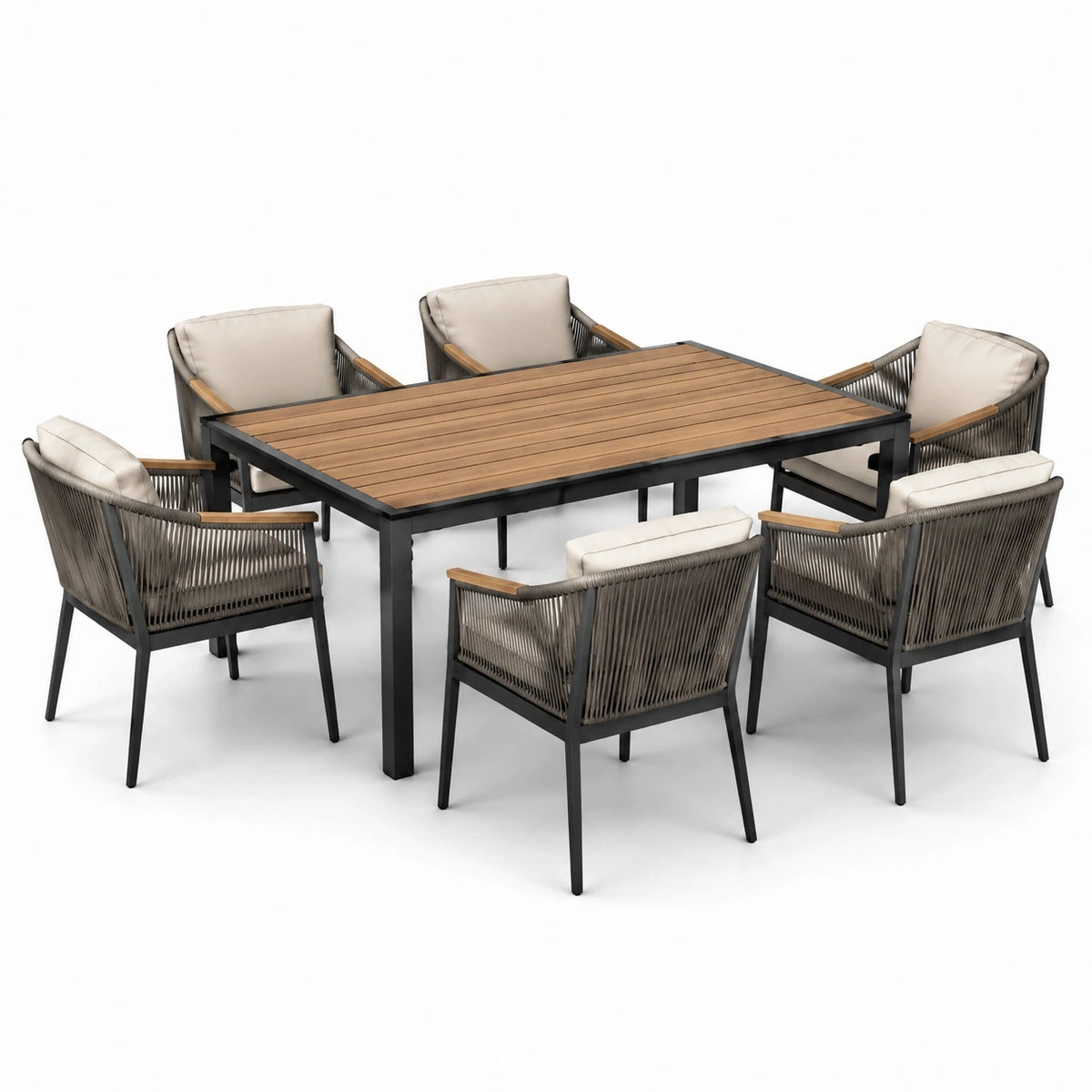 Table de jardin rectangulaire 180 x 100 x 75 cm avec 6 fauteuils 62 x 63 x 84 cm, noir, brun, gris et beige