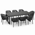 Ensemble repas de jardin 9 pièces noir et anthracite avec table en métal 220 x 100 x 75 cm et 8 fauteuils en corde tressée