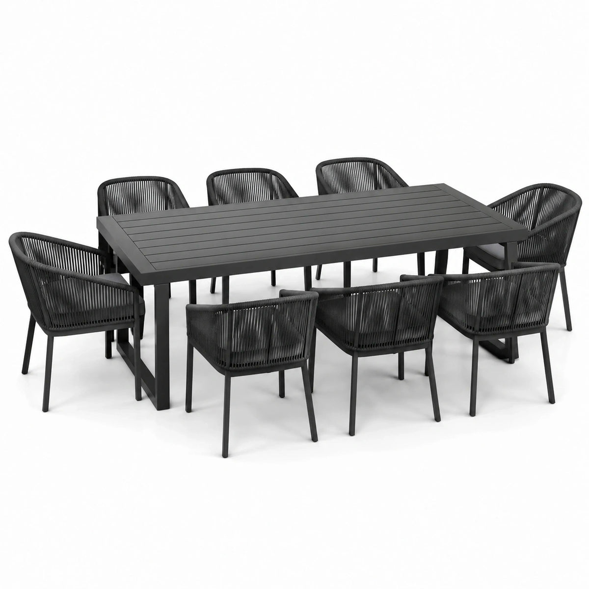 Ensemble repas de jardin 9 pièces noir et anthracite avec table en métal 220 x 100 x 75 cm et 8 fauteuils en corde tressée
