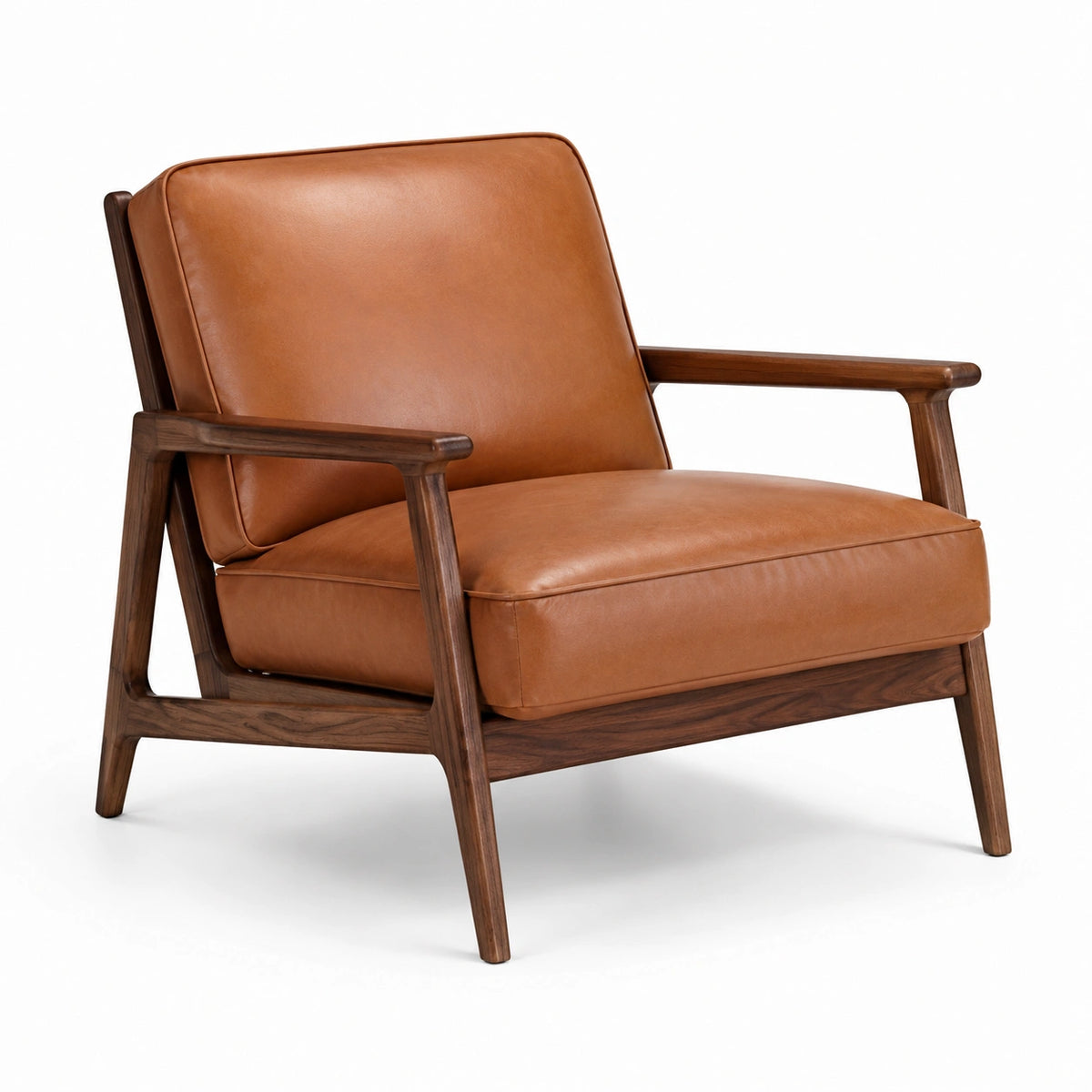 Fauteuil rétro en bois marron foncé avec revêtement cognac aspect cuir, 80 x 84 x 83 cm