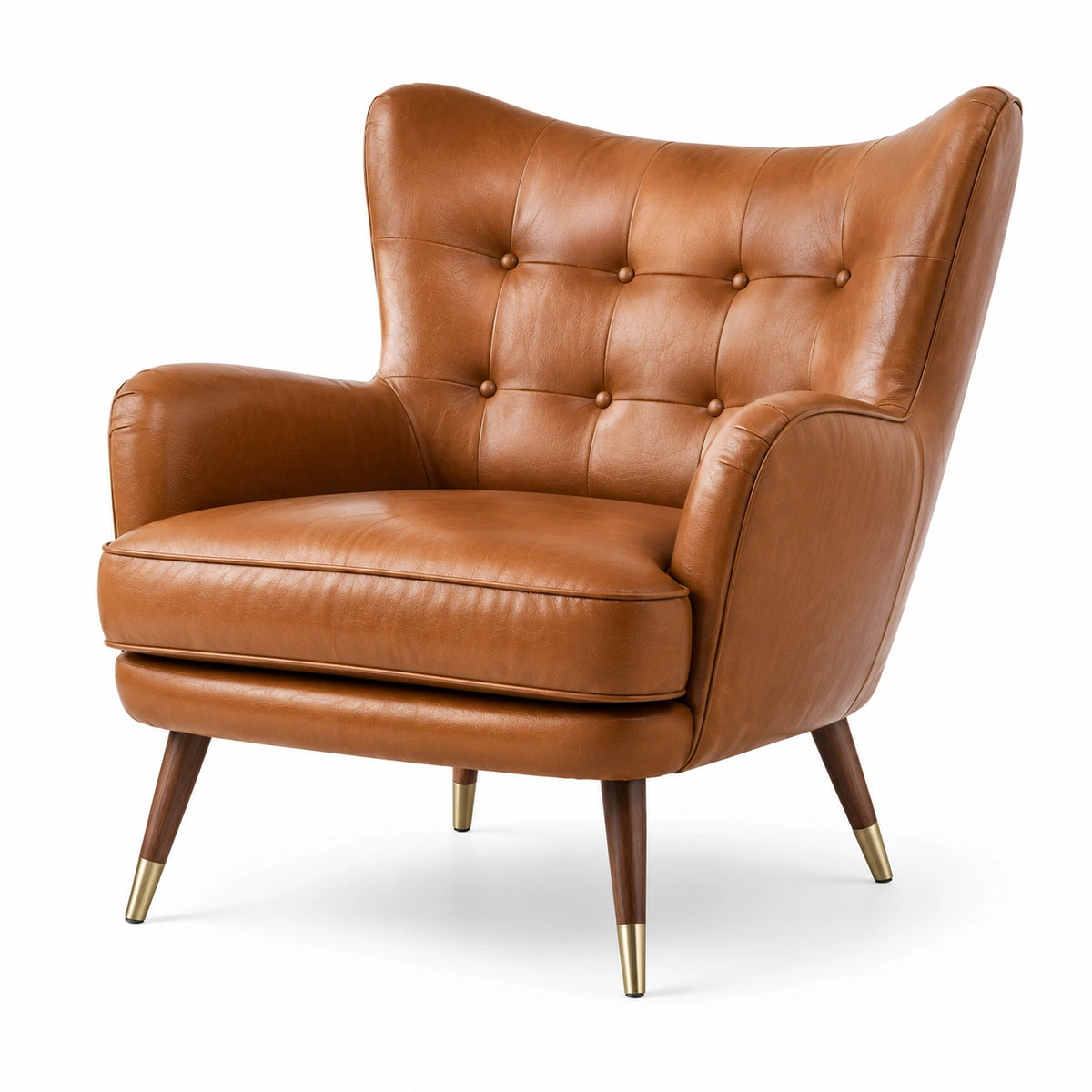 Fauteuil lounge vintage capitonné camel, pieds marron et dorés, 90 x 87 x 96 cm