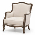Fauteuil bergère classique en tissu beige et bois brun avec accoudoirs, 88 x 86 x 108 cm