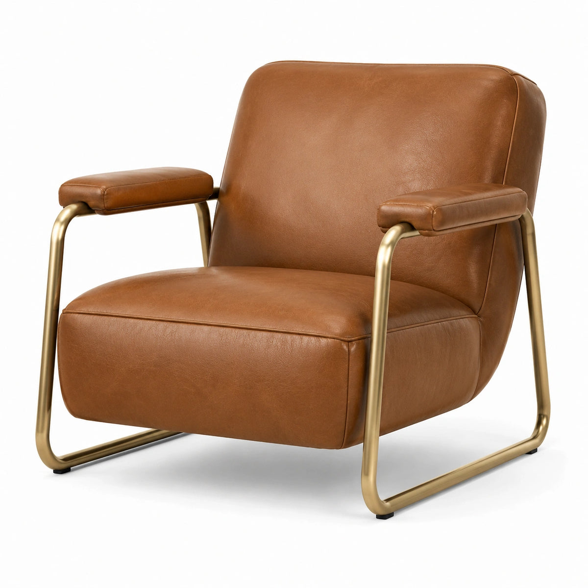 Fauteuil contemporain effet cuir marron avec structure en métal doré, 78 x 82 x 86 cm